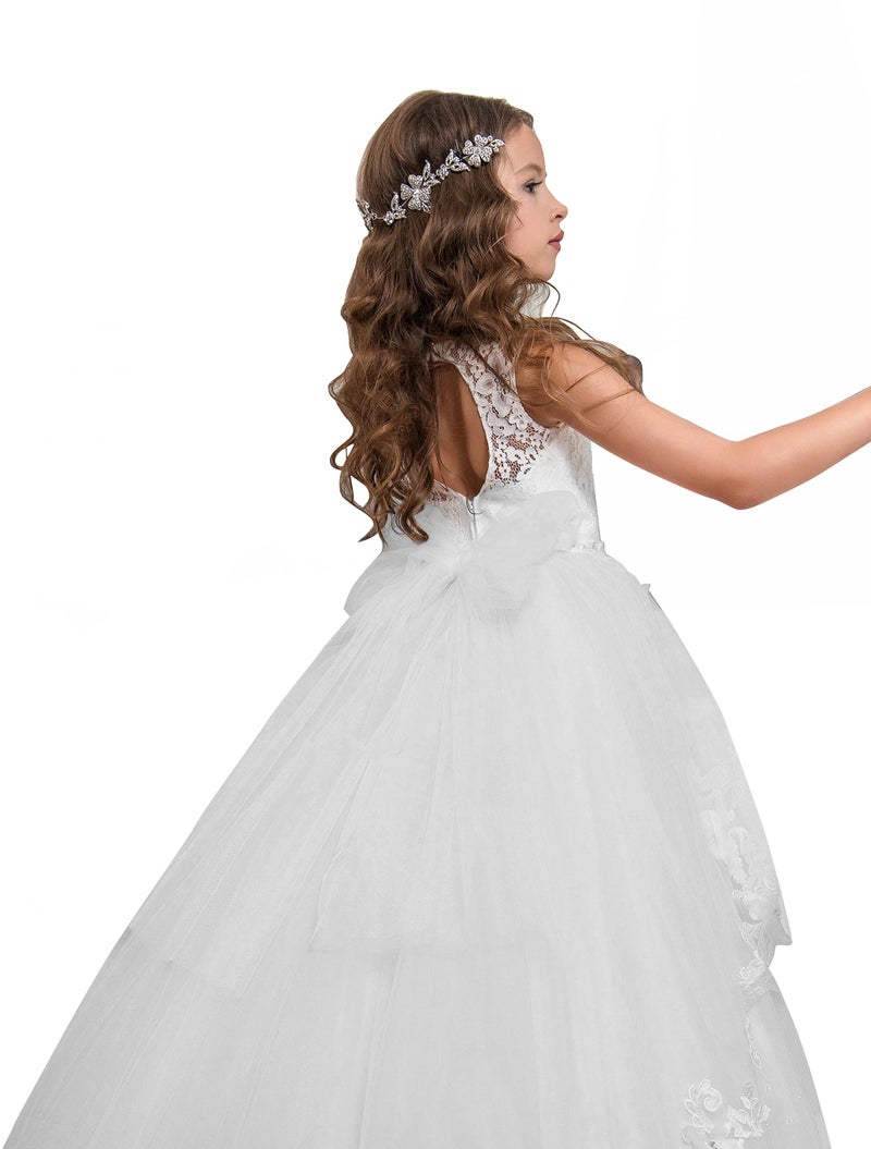 PLwedding Flower Girl Dress Kids Lace Beaded Pageant Ball Gowns (Size 12, B White) - Image 2
